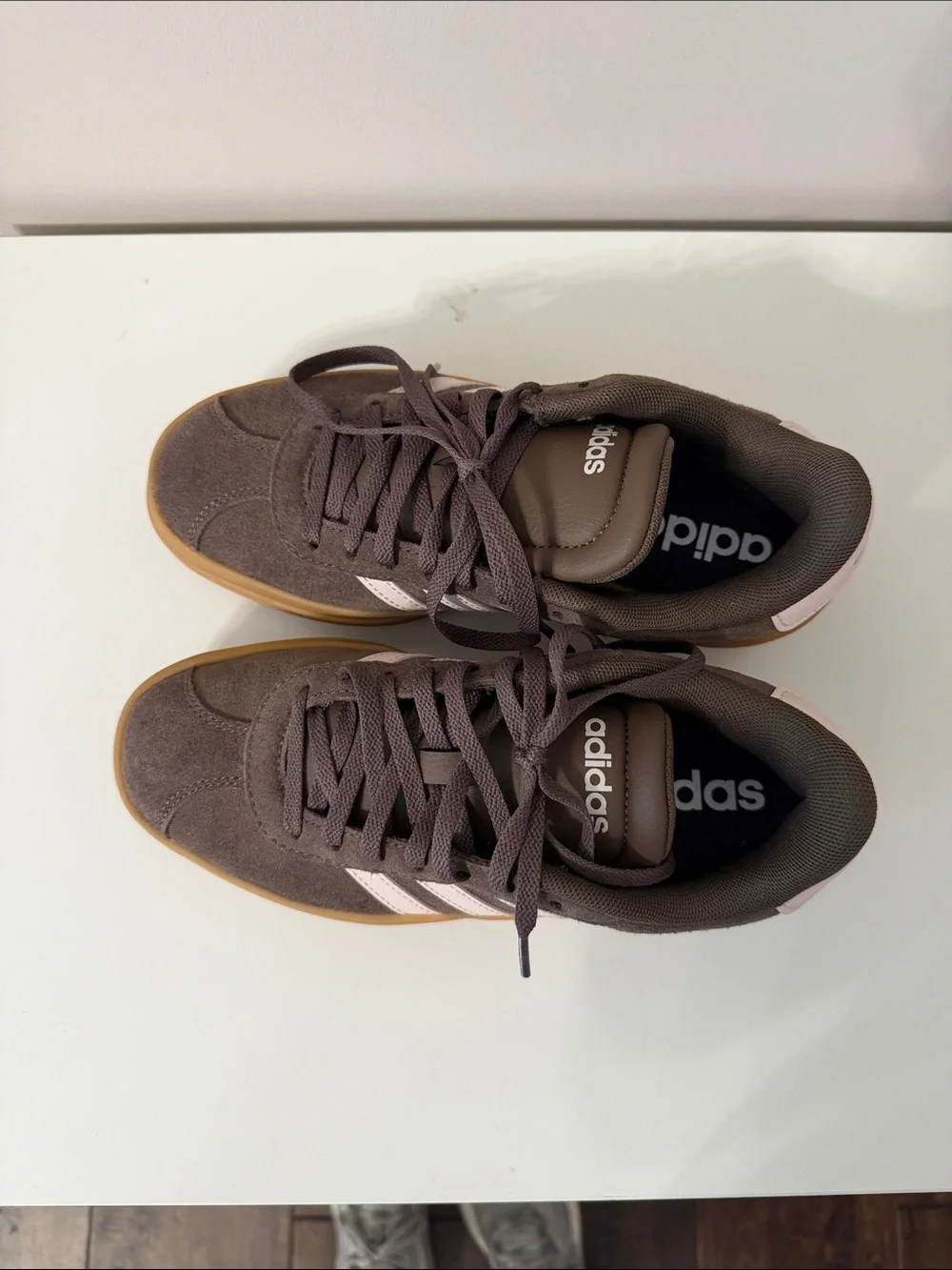 adidas Women’s Brown Suede Platform Sneakers with Pink Stripes and Gum Sole.
